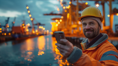 Offshore worker using his phone for Push to Talk with cranes in the background